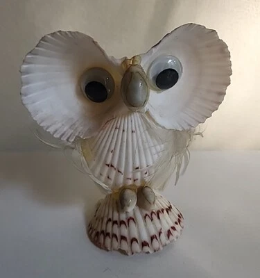 Seashell Art Small Owl Shell Art Beach Decor 4.5" Tall Handmade  - Image 1 of 3