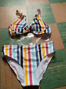 Retro 50s 60s style Bikini Set Top & High Waist Bottom S striped white blue red - Picture 1 of 8