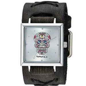 Nemesis silberne Zuckerschädeluhr mit verblasstem schwarzem Leder Manschettenband FXB955S - Bild 1 von 4