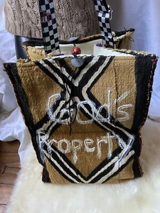 Upscale Upcycled Handmade Crossbody Bag Mudcloth Accent 🐝 Kind OFF-WHITE Strap! - Picture 1 of 12