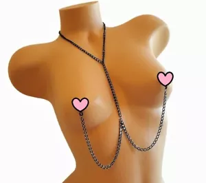 Non Piercing Black Nipple Chain Necklace Fake Nipple Rings Nipple Noose Jewelry - Picture 1 of 2