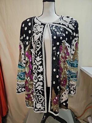 JUDITH ANN Vintage 80s Chaqueta de seda con cuentas de lentejuelas multicolor negro Duster talla 2X Foto 1 de 4