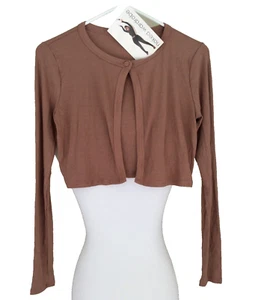 Naked Wardrobe Ribbed Knit Crop Top Brown Long Sleeve Size Medium Open Front NEW - Picture 1 of 7