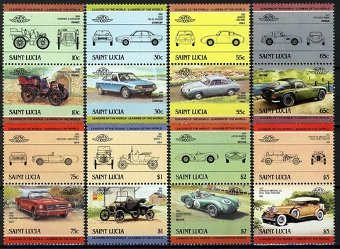 St Lucia 1984, Automobile/car II set, 8 pairs, 16v VF MNH, Mi 696-711 cat 9€ Cover