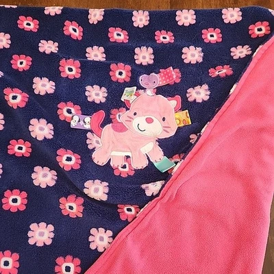 Taggies Blanket Pink Kitten Cat Flowers Plush Baby Kitty Dark Blue Floral - Image 1 of 4