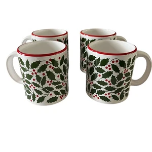 Waechtersbach Coffee Mugs Set of 4 Christmas Holly White Ceramic Holiday Green - Picture 1 of 11