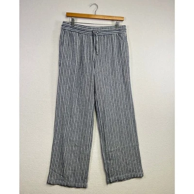 Pantalones de pierna ancha a rayas azul marino antiguo para mujer pequeños cintura elástica cordón mezcla de lino Foto 1 de 4