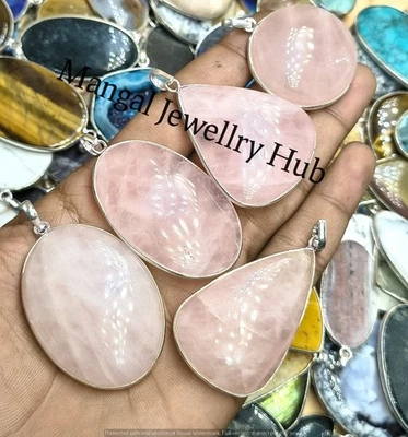 Lot! Glowing Rose Quartz Gemstone Pendants 925 Sterling Silver Plated Jewellery - Image 1 of 4