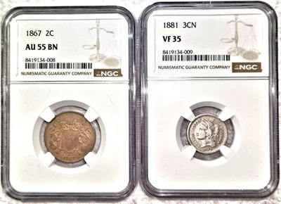 U.S. Coins 2-Coin Set - 1867 2C NGC AU 55 BN and 1881 3CN NGC VF 35 - Image 1 of 4