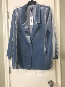 1X NEU MIT ETIKETT $ 458 EILEEN FISHER SAMT BLAU DUNST KERBENKRAGEN LANGE BLAZER JACKE - Bild 1 von 9