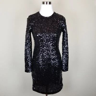 NEW $450 TORY BURCH Black Disque Sequin Sheath Long Sleeve Dress Size XS - Image 1 of 4