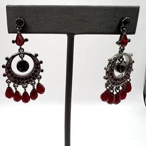 Boho Dangle Earrings Red Crystal Beads Silver Tone Chandelier Drop - Picture 1 of 7