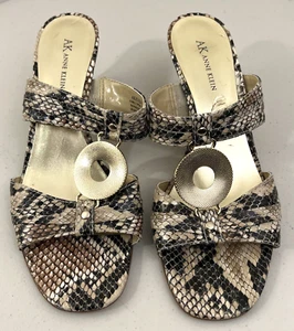 ANNE KLEIN Slide Heels, Gold Natural Reptile Print Open Toe 10M - Picture 1 of 10