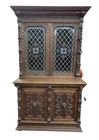 Antique Sideboard, Buffet Server, Dutch Stained Glass Sideboard, Foliage, 1800s! Cover