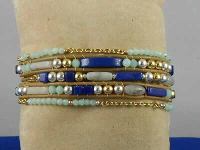 Lucky Brand TwoTone Chain Natural Leather Multi-Row Lapis Aqua Bead Bracelet NWT - Image 1 of 2