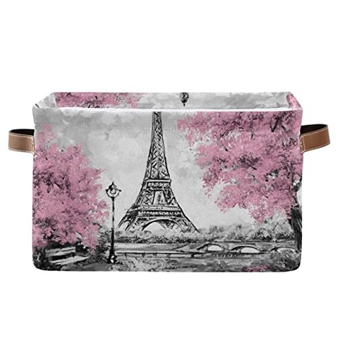 Vintage Paris Eiffel Tower And Pink Tree Themed Square Storage Basket Foldable W Cover