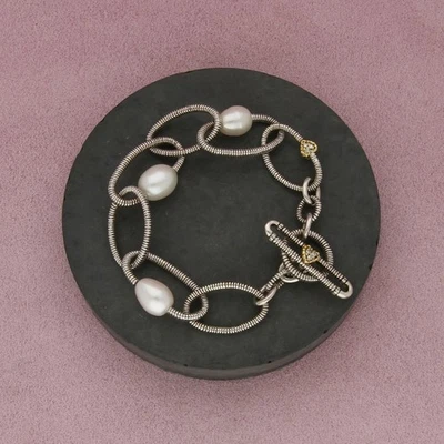 Brazalete Judith Ripka plata esterlina y oro de 18 quilates diamante y perlas tamaño 8 pulgadas Foto 1 de 3
