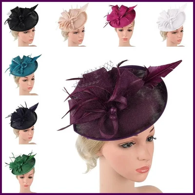 Sombrero Fascinador Para Mujer Imitación Sinamay Pluma Fiesta del Té Pastillero Flor Derby Foto 1 de 4