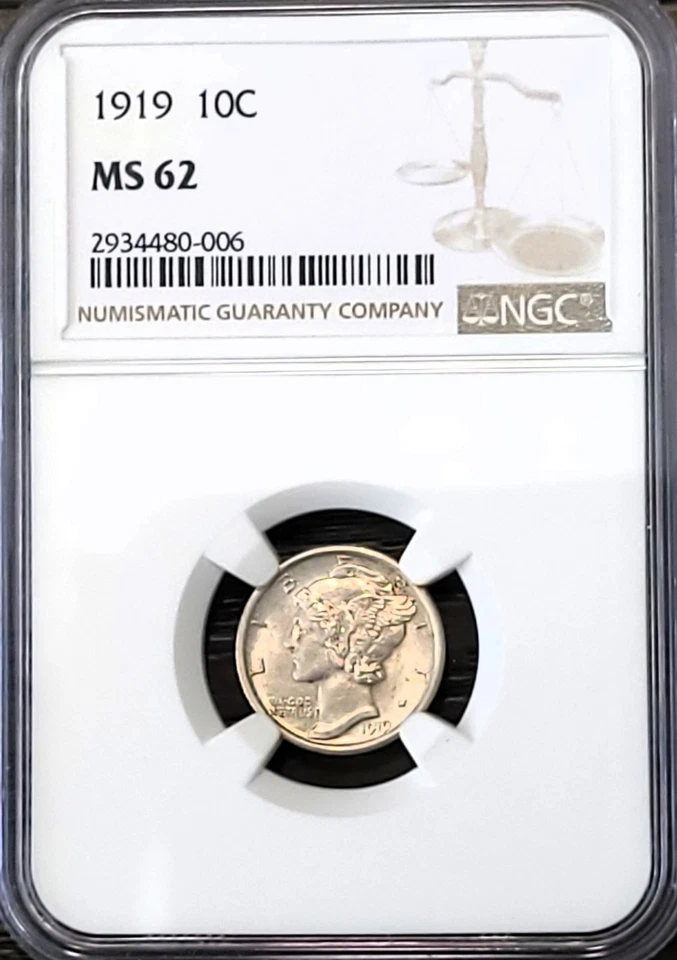 1919 MERCURY DIME NGC GRADED IN MINT STATE 62 (MS62). - Image 1 of 3