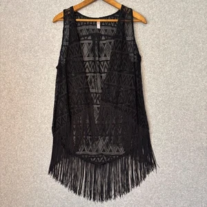 Xhilaration Women's Large Black Fringe Vest Sleeveless Lace Cover Up Western - Picture 1 of 7