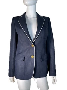 J.CREW Women’s 6 Rhodes Blazer Jacket Tipped 100% Linen Navy Blue Gold Buttons - Picture 1 of 21