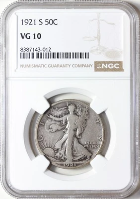 1921 S Walking Liberty Half Dollar NGC VG10, Key Date - Image 1 of 2