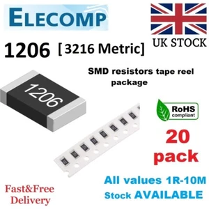 1206 Resistencias SMD 1% 5% E24 Valores Rango 0 Ohm - 10M Ohm 20 Paquete P&P Gratis - Imagen 1 de 4