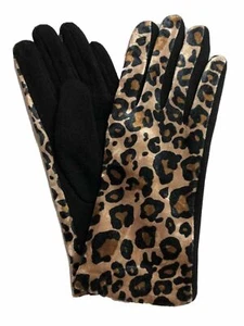 Womens Brown Velvet Leopard Print Soft Stretch Texting & Tech Touchscreen Gloves - Picture 1 of 1
