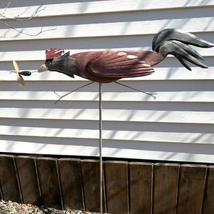 Rooster Chicken Yard Ornament Wood Wooden on Metal Stake  - Picture 1 of 8