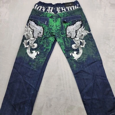 Необработанные синие джинсы мужчин 34 x 32 джинсовой ткани вышитый украшение брюки мешковатые рэп Y2K винтажный - Изображение 1 из 4