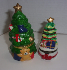 2 Christmas Trees Ceramic Trinket Boxes Limoges Like Hinged Jewelry Ring Box