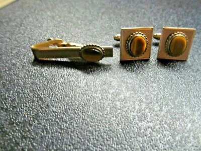 * Clip de corbata y gemelos Dante dorado vintage con piedra ojo de tigre Foto 1 de 4