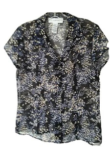 Sag Harbor Women's Black Sheer  Button-Down Floral Short Sleeve Shirt Top Sz 8 - Picture 1 of 4