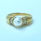 Vintage 18k Solid Yellow Gold  South Sea Pearl Diamonds Ring N1/2