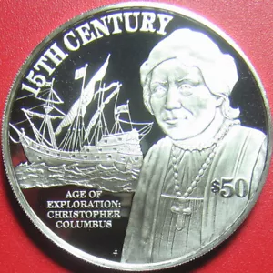 1997 COOK ISLANDS $50 SILVER PROOF CHRISTOPHER COLUMBUS SHIP EXPLORER RARE COIN! - Picture 1 of 2