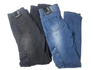 2 7Souls Boys Youth Cargo Slim Fit Stretch Jeans Size 18 29"W x 29"L Black/Blue - Picture 1 of 13