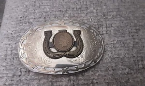 1904 INDIAN HEAD PENNY AND HORSESHOE STYLE BELT BUCKLE..METAL - Picture 1 of 7