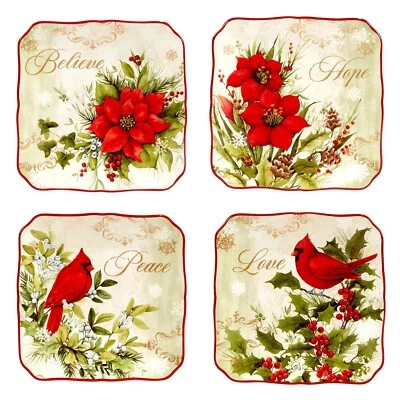 Certified Winters Medley Christmas Cardinals Botanicals 6in Canape Plates Set 4 - Image 1 of 2