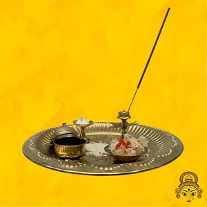 Hindu Pooja Thali Aarti Set Indian Brass Worship Traditional Brass Oil Lamp - Picture 1 of 2