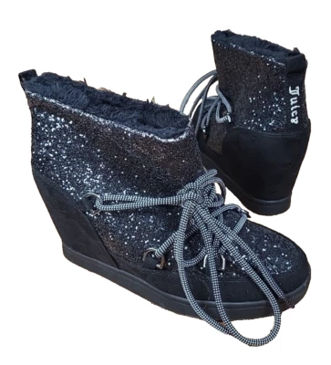 Juicy Couture Mareen Ankle Boots Womens Size 7 Black Y2K Wedge Glitter Sparkle - Image 1 of 4