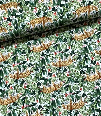 Stoff Meterware Baumwollstoff Patchwork 50 cm Tiger Dschungel Blumen auf Weiß - Bild 1 von 4