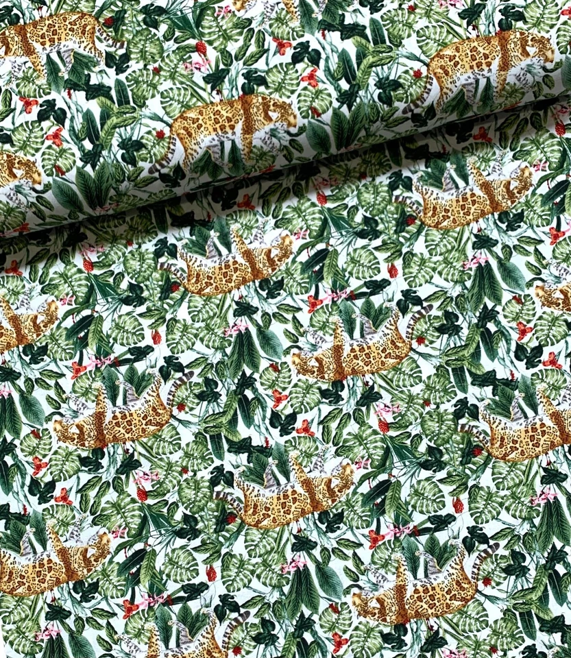 Stoff Meterware Baumwollstoff Patchwork 50 cm Tiger Dschungel Blumen auf Weiß - Bild 1 von 4