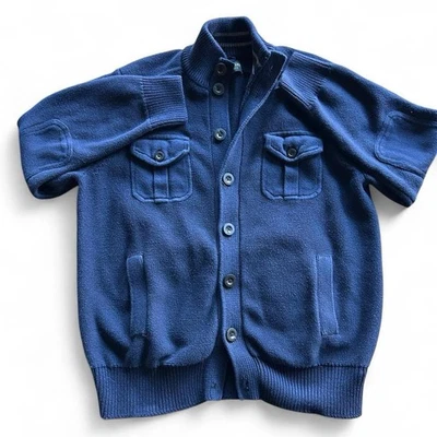 Cardigã John Bartlett Consensus suéter masculino botão L azul marinho remendos de cotovelo - Imagem 1 de 3