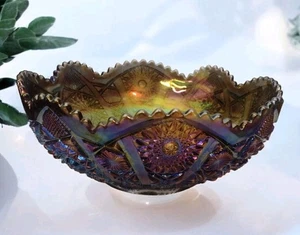 Imperial Carnival Glass Amethyst Hobstar Sawtooth Bowl Vintage Iridescent - Picture 1 of 6
