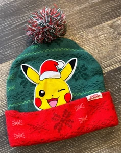 Kids Pokemon Picachu HAPPY HOLIDAYS Christmas Winter Beanie Pom Pom Hat Childs - Bild 1 von 2