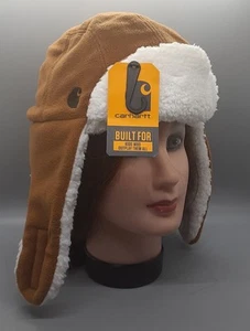 Carhartt Toddler Knit Sherpa Lined Logo Trapper Hat Brown New With Tags - Picture 1 of 3