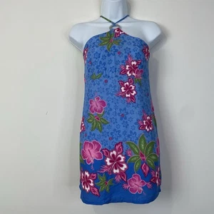 Top túnica halter anillo floral hawaiano Resort Wear azul rosa grande vacaciones - Imagen 1 de 11