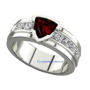 Natural Garnet & CZ Gemstones with 925 Sterling Silver Men's Ring #7044 - Picture 1 of 5
