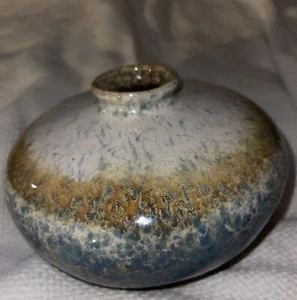 Art Pottery Squat Vase Turquoise Green &Amber Drip Glaze #67A - Picture 1 of 6