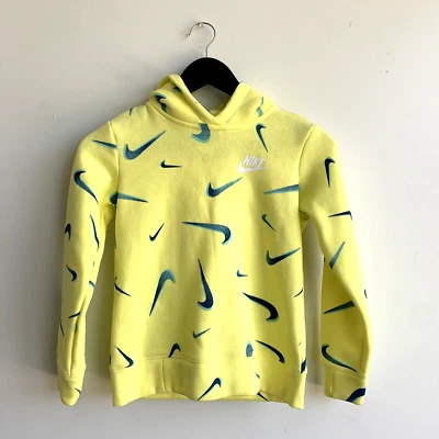 Nike Fleece Hoodie Kids Small 4-6 Yellow/Blue Swoosh Logo Girls Sweatshirt - Image 1 of 2